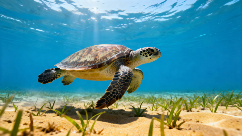 海龟悠游海底草间图片