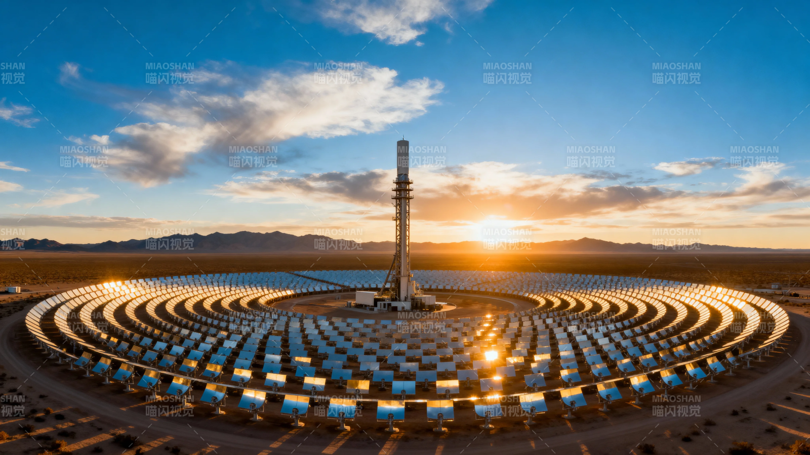 沙漠光热电站日落美景图片
