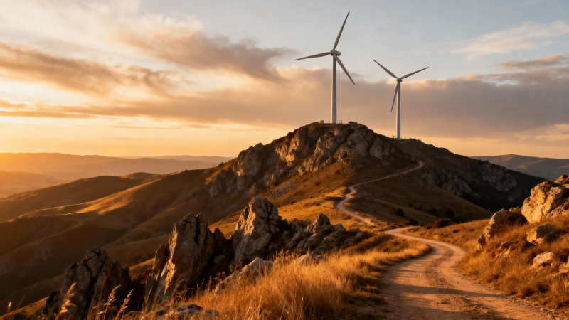 山巅风车映夕阳图片