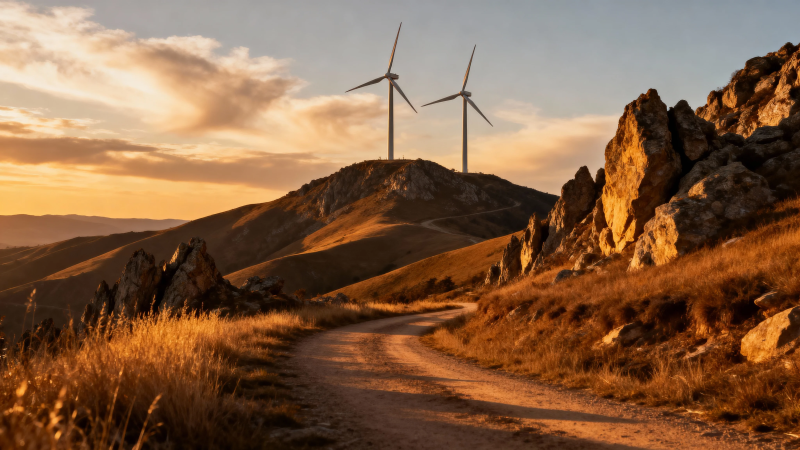 风车山径 夕照金辉图片