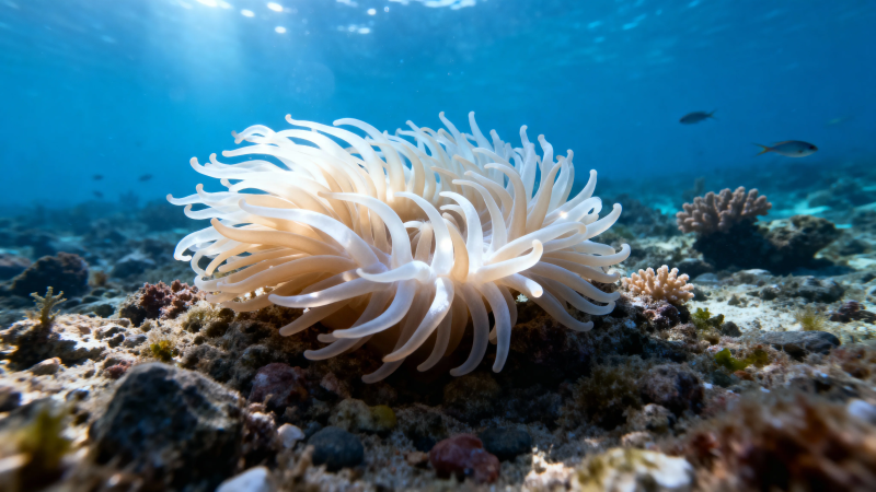 海底白海葵静绽珊瑚间图片