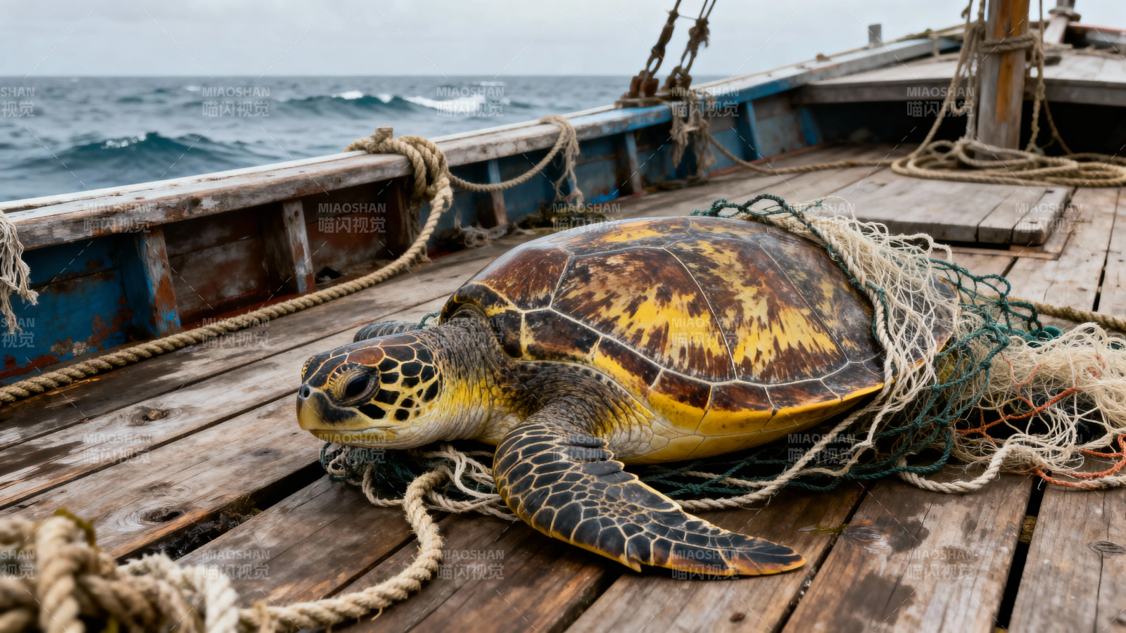 海龟被困渔网 亟待救援图片