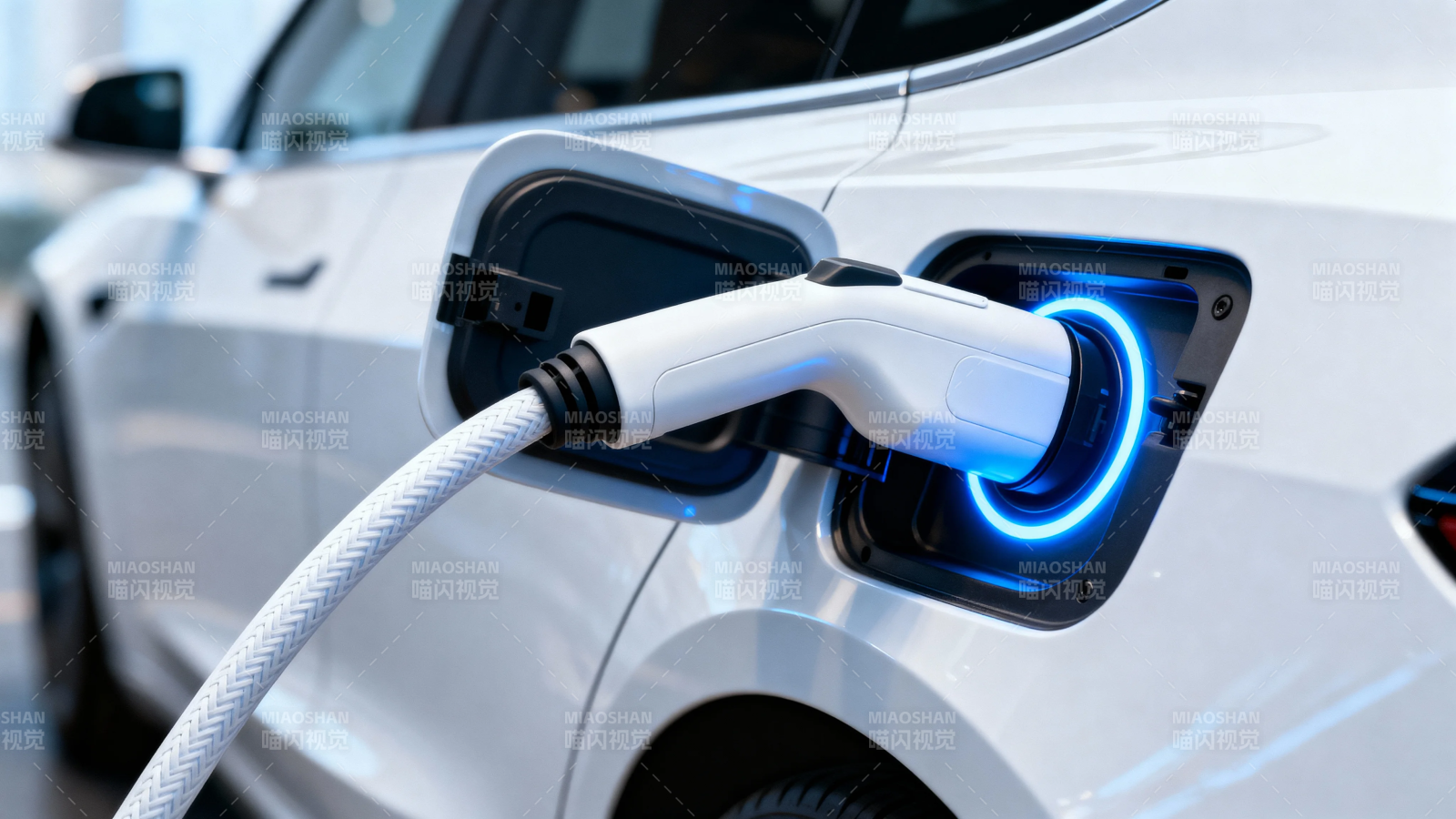 电动车充电中 蓝光环绕插头图片