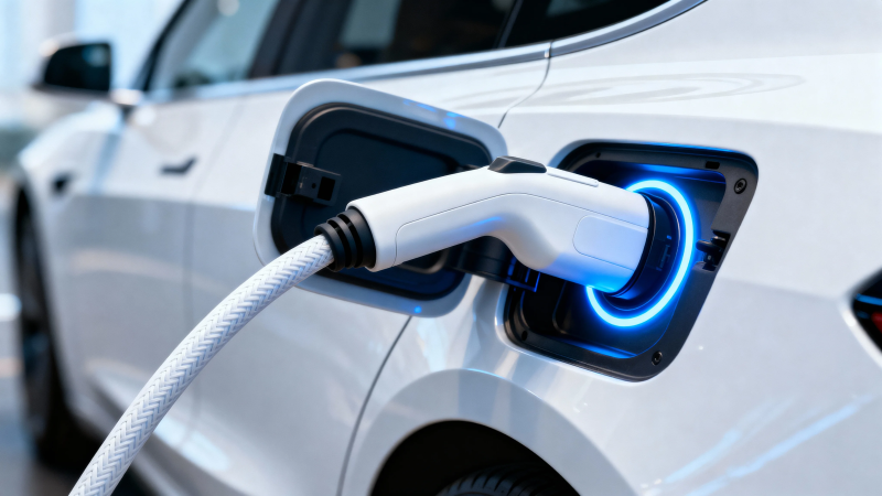 电动车充电中 蓝光环绕插头图片