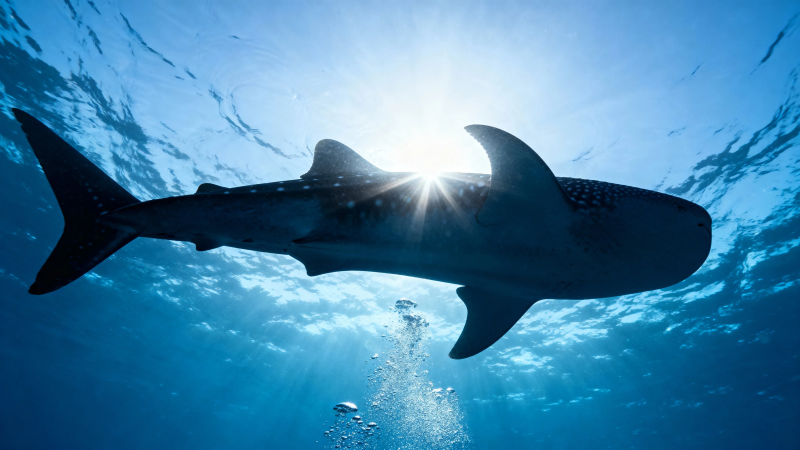 鲸鲨游弋 阳光穿透海面图片