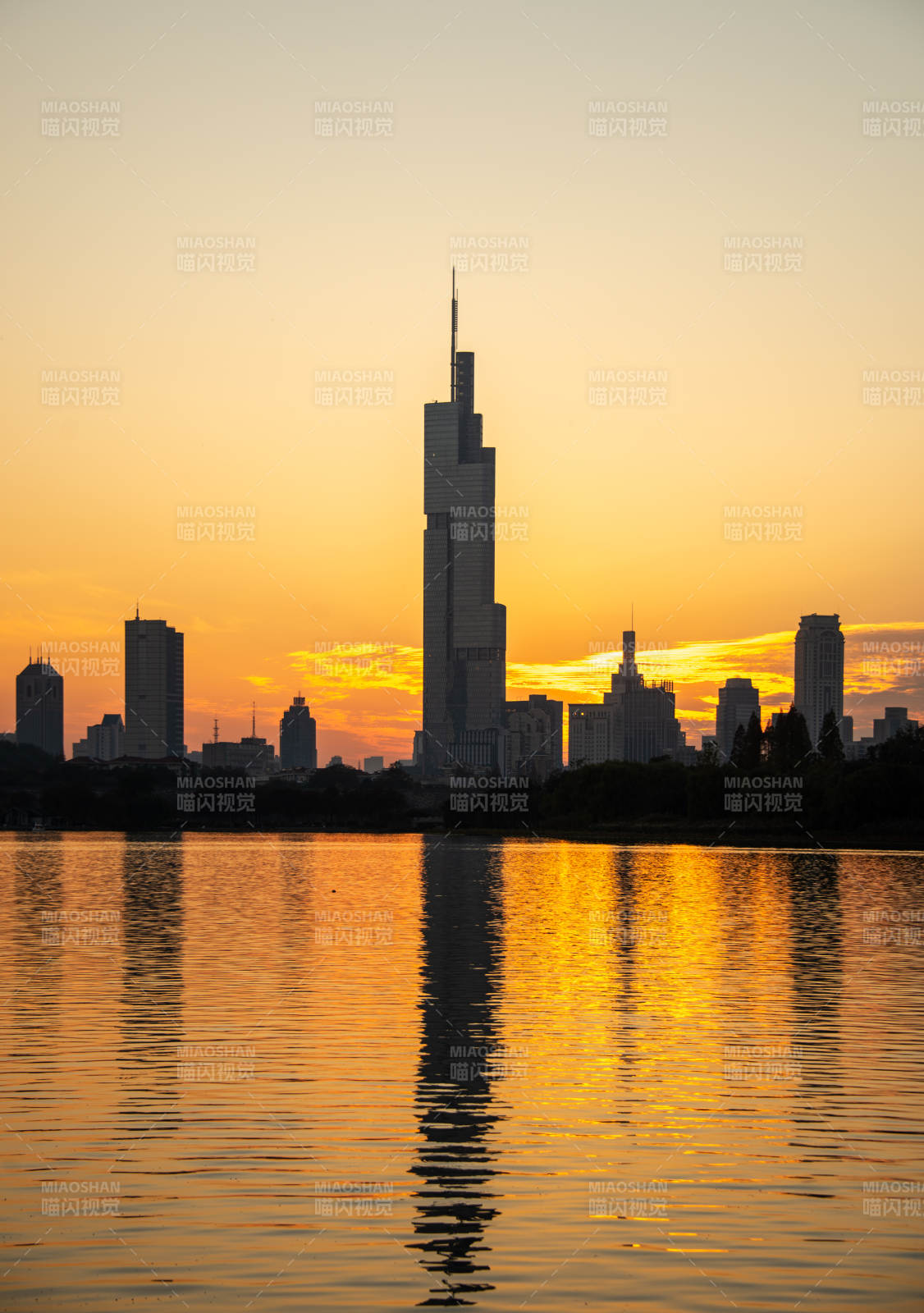 玄武湖夕阳下的紫峰大厦图片