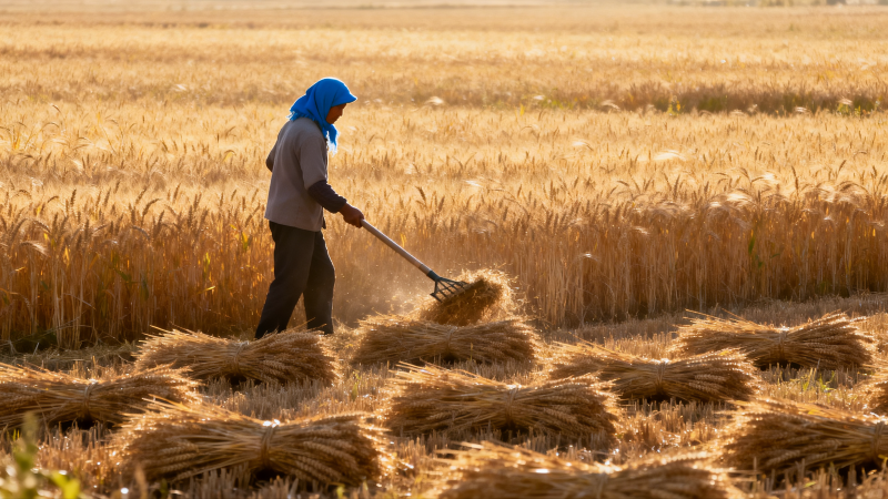 金黄麦田 农人捆麦忙图片