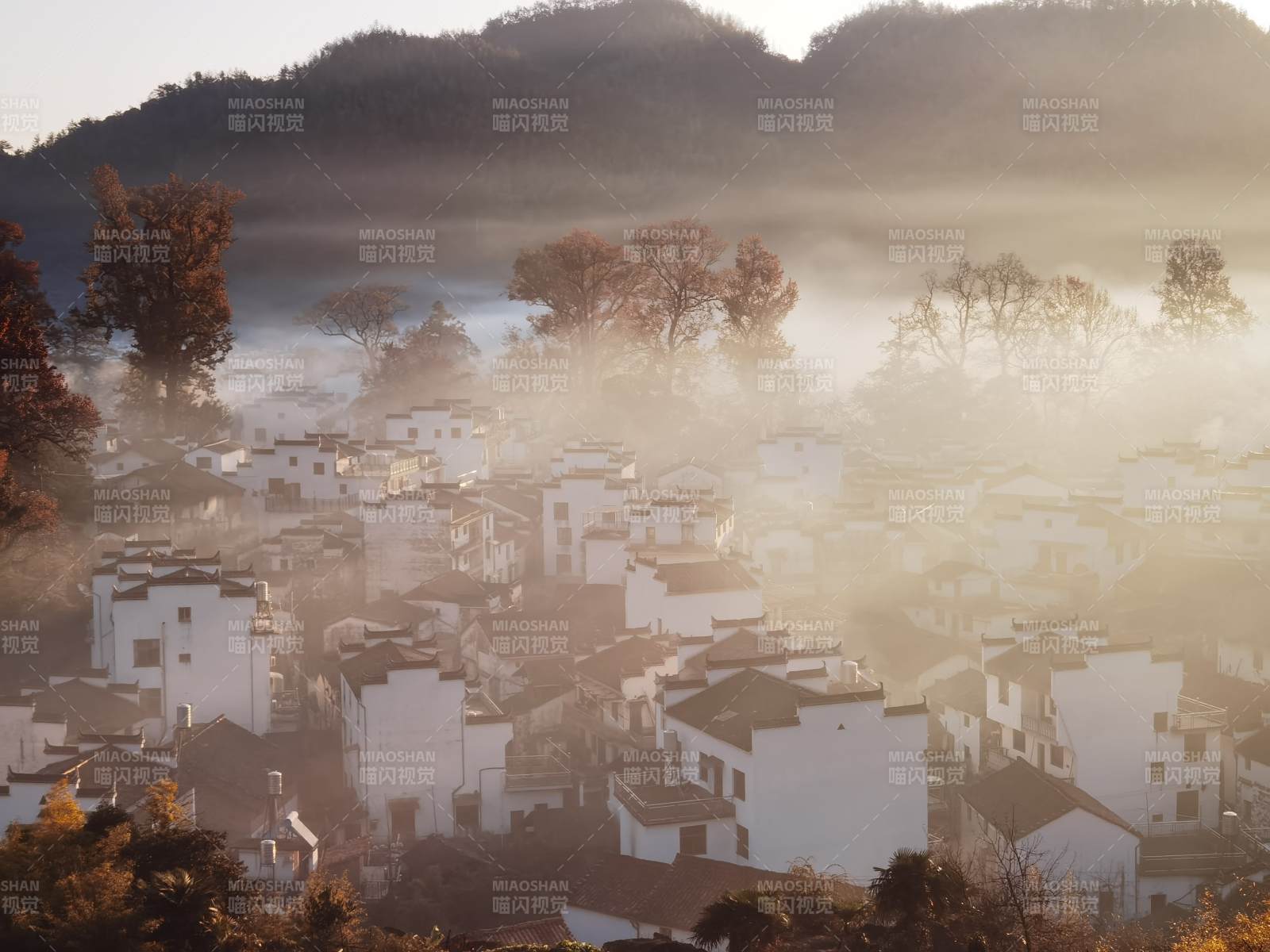 晨雾中的白墙古村图片