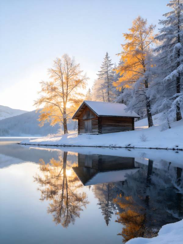 雪湖木屋 晨光倒影图片