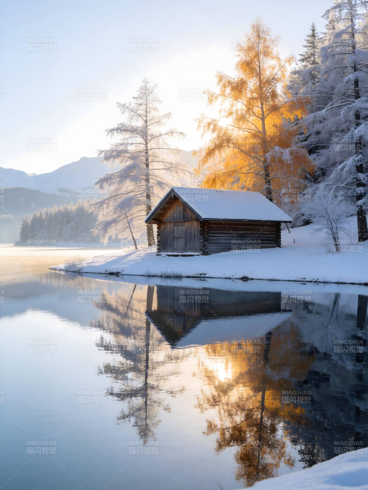 雪湖木屋 晨光倒影图片