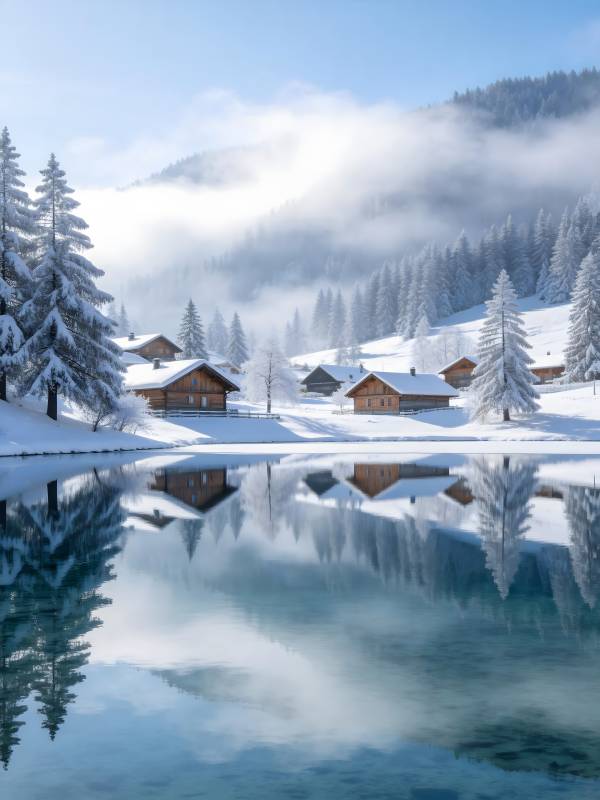 雪湖映村 雾绕山静图片