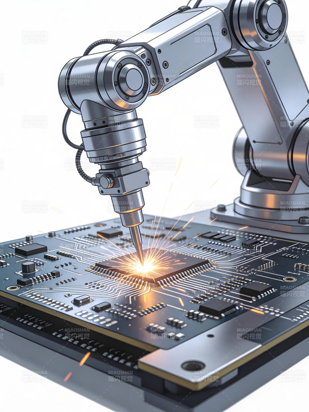 机械臂焊接芯片火花四溅图片