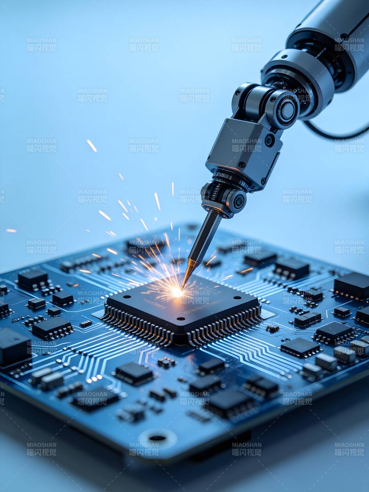 机械臂焊接芯片火花四溅图片