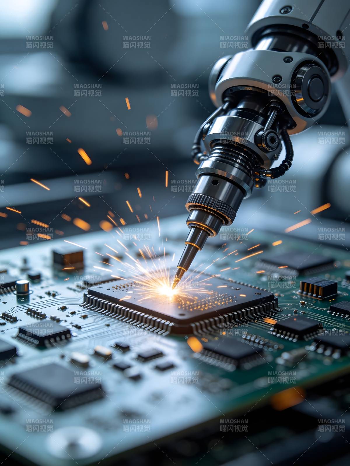 机械臂焊接芯片火花四溅图片