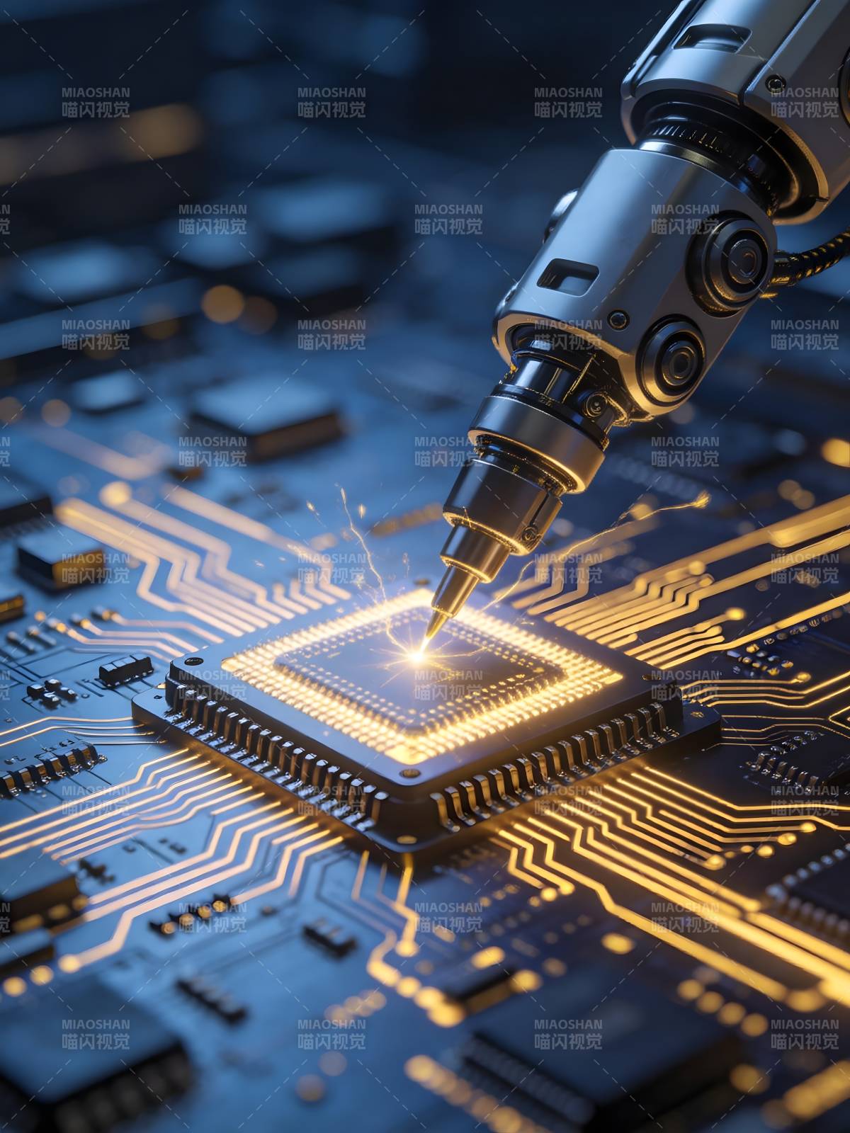 机械臂焊接芯片火花四溅图片