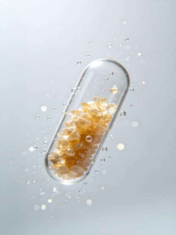 胶囊内含金色晶体 气泡环绕图片