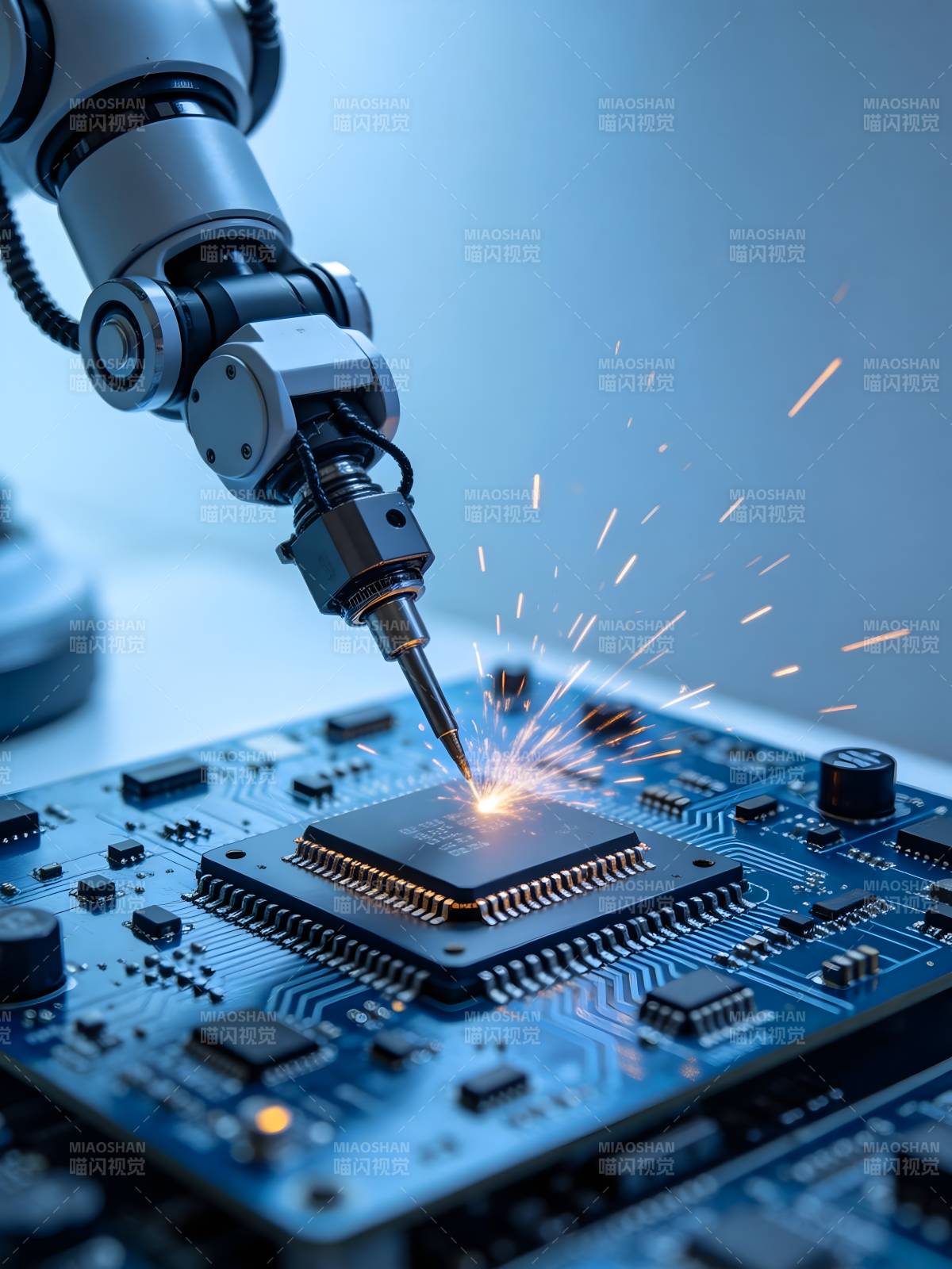 机械臂焊接芯片火花四溅图片