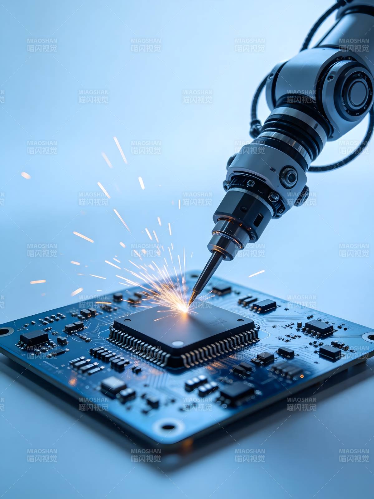 机械臂焊接芯片火花四溅图片