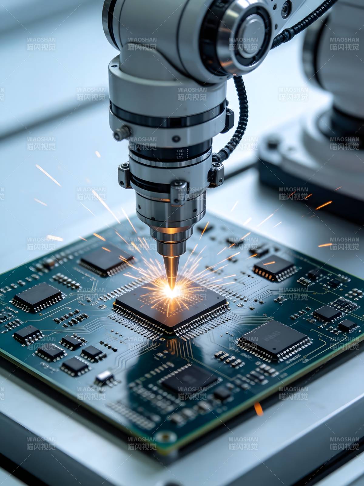 机械臂焊接芯片火花四溅图片