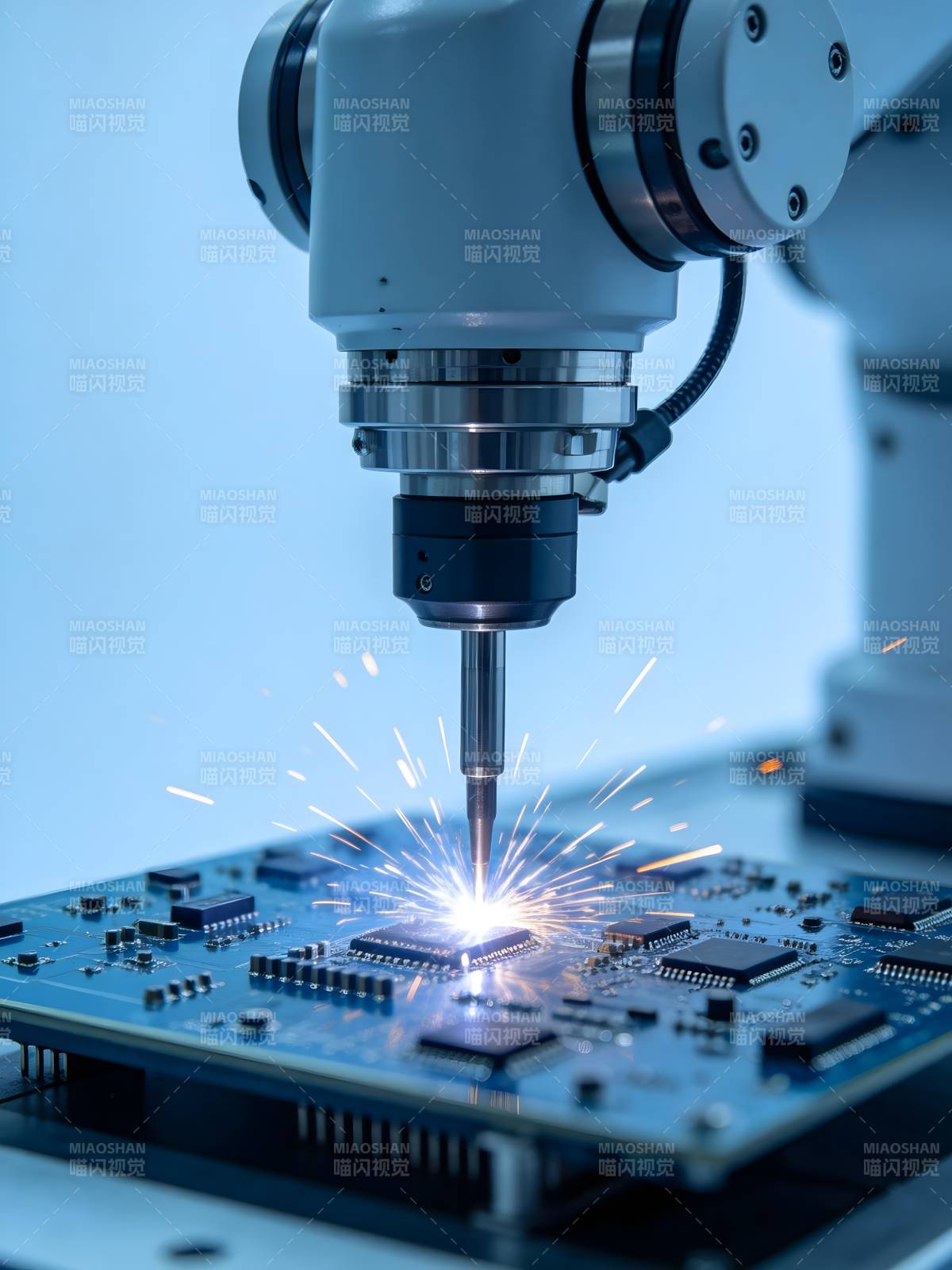 机械臂焊接电路板火花四溅图片