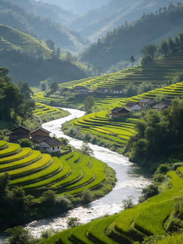 青山绿水绕梯田村落图片