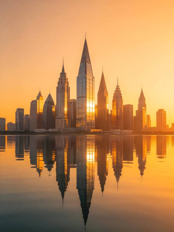 夕阳下的城市倒影图片