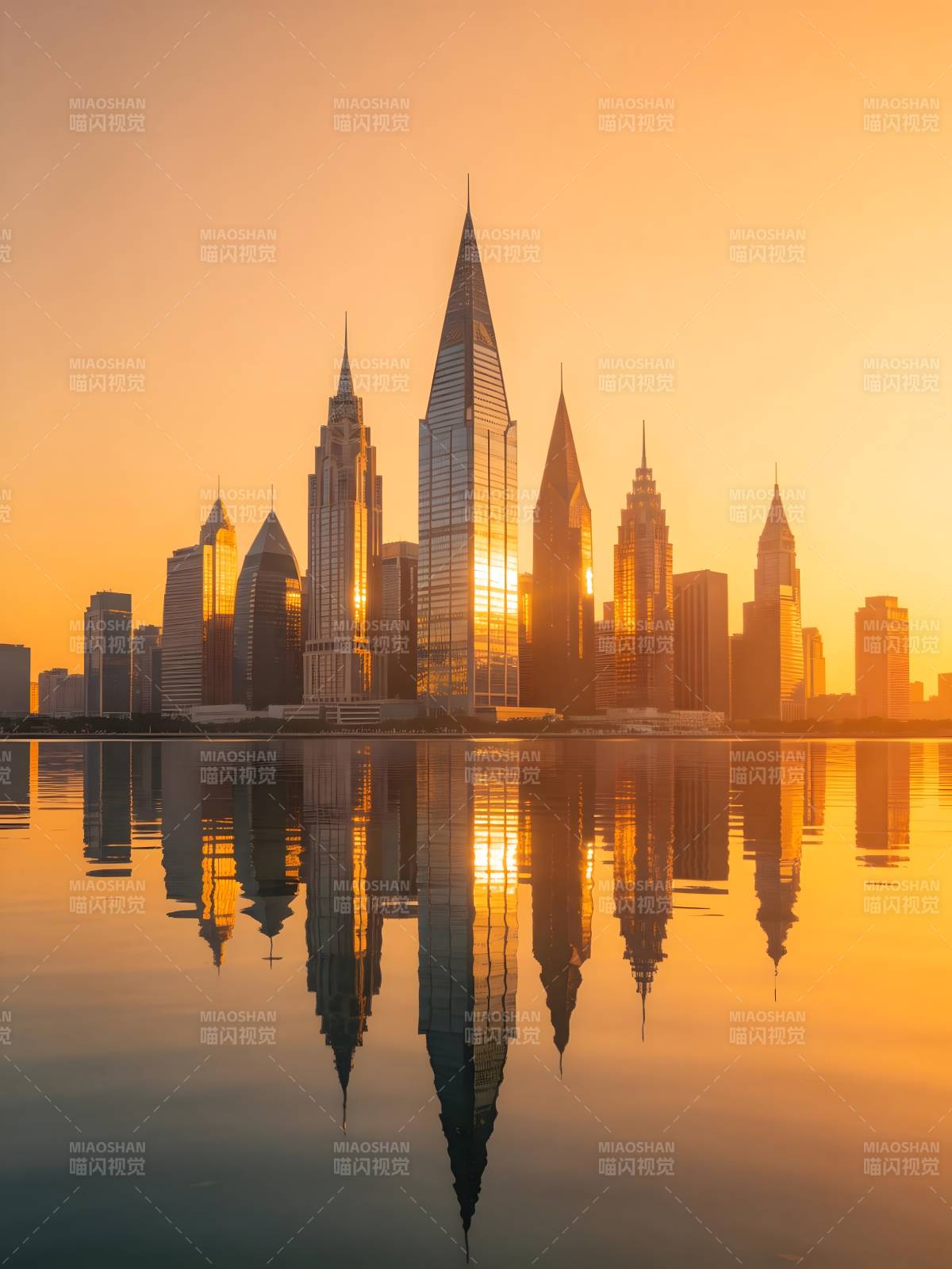 夕阳下的城市倒影图片