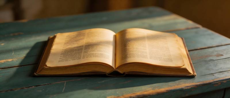 古书静卧木桌 阳光轻抚页间图片