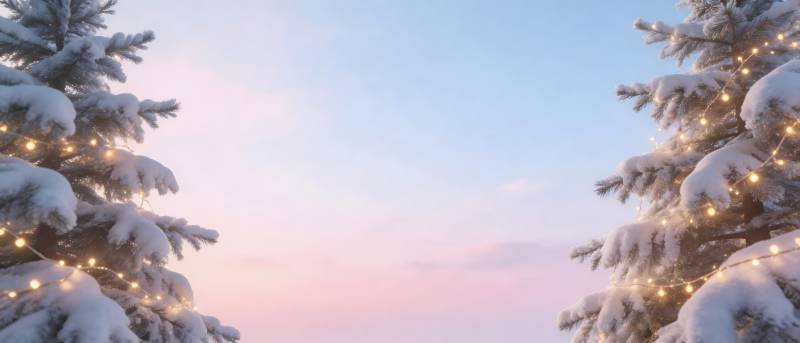 雪夜灯树映霞光图片