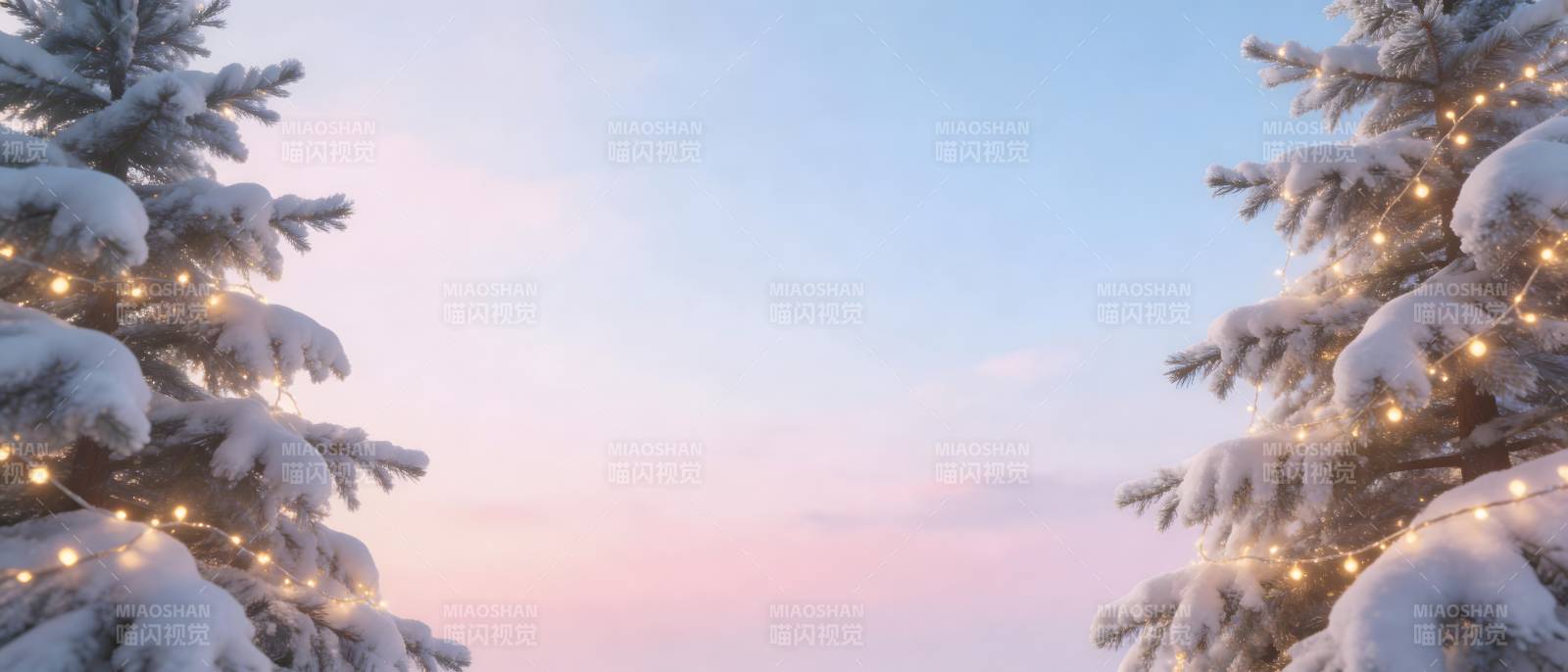 雪夜灯树映霞光图片