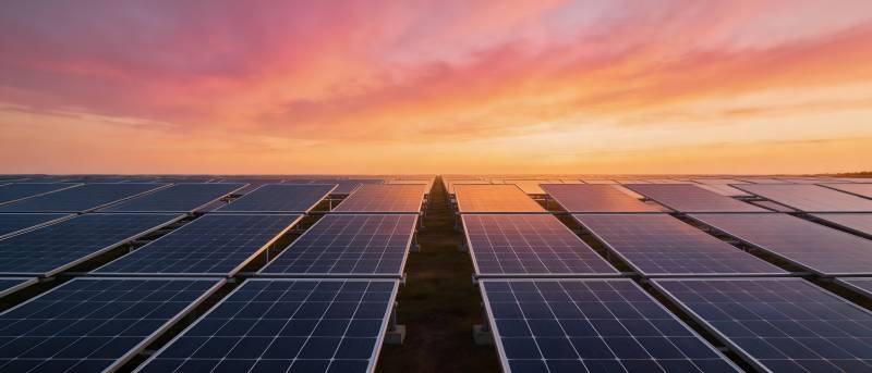 夕阳下的太阳能板阵列图片