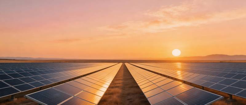 夕阳下的太阳能板阵列图片