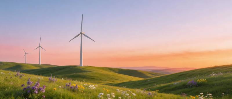 风车映晚霞 绿野花正香图片