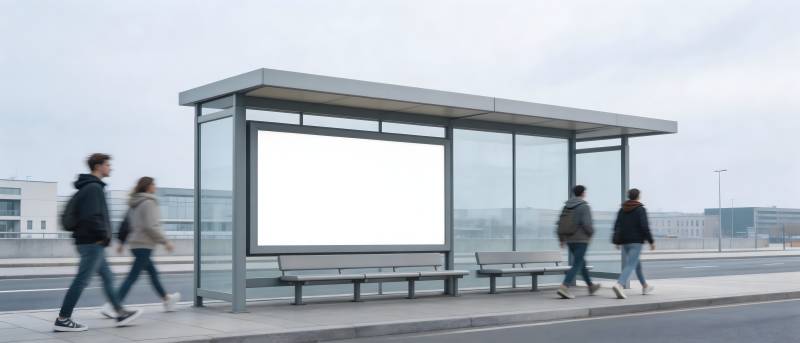 公交站广告牌 行人匆匆过图片