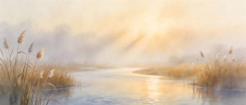 晨雾河畔 芦苇轻摇图片
