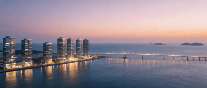 滨海新城夜景 跨海大桥映霞光图片