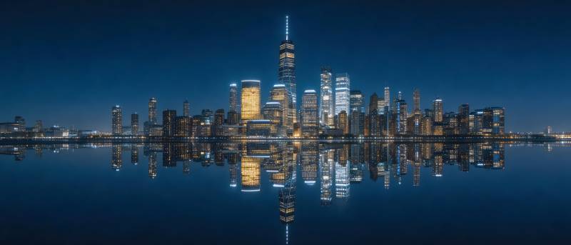 夜映曼哈顿 灯火耀水镜图片