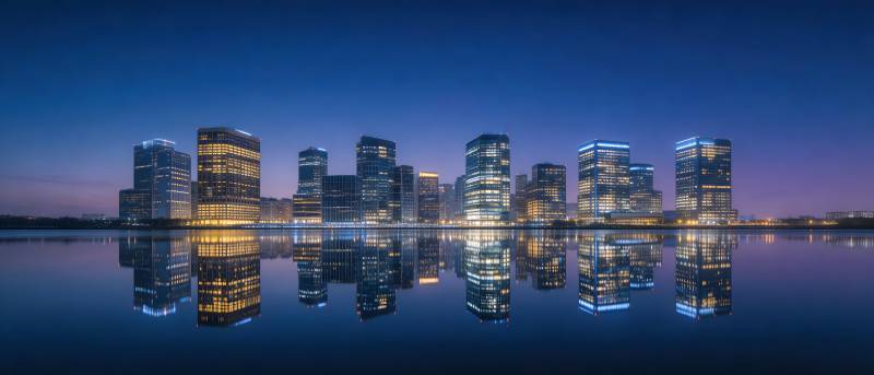 夜幕城市倒影如镜图片