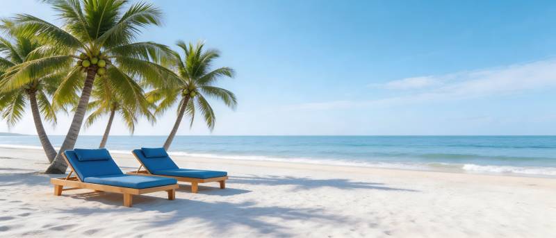 椰影沙滩 蓝椅迎海风图片