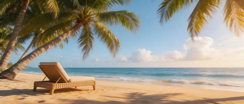 椰影沙滩 躺椅听海图片