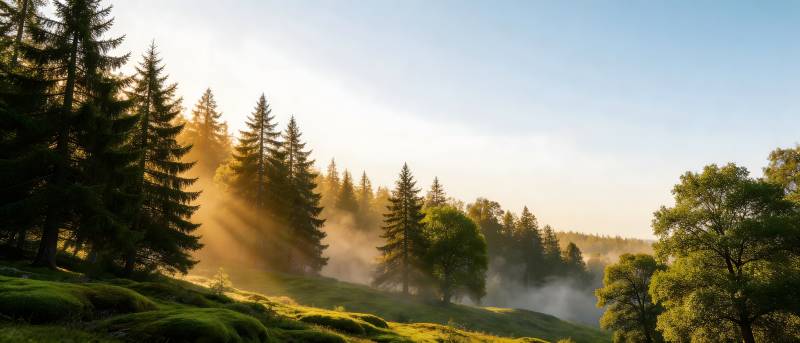 晨雾穿林 金光洒绿野图片