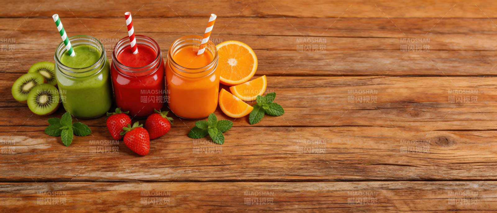 三色果汁配鲜果 木桌清新摆拍图片