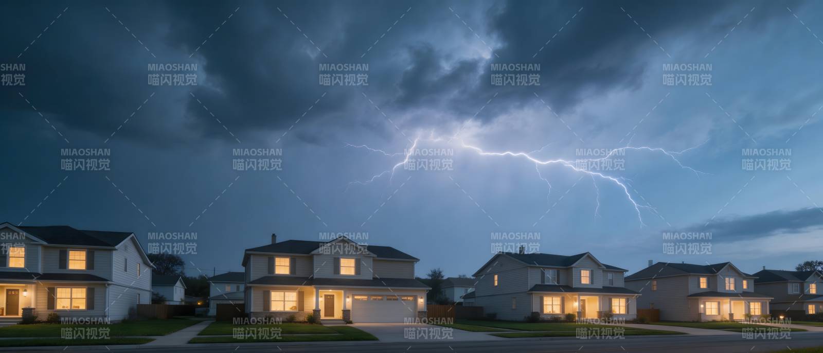 雷暴夜下的宁静社区图片