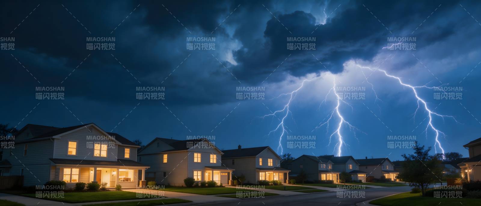 雷暴夜袭社区 闪电划破天际图片