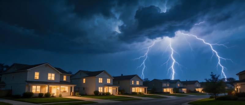 雷暴夜袭社区 闪电划破天际图片