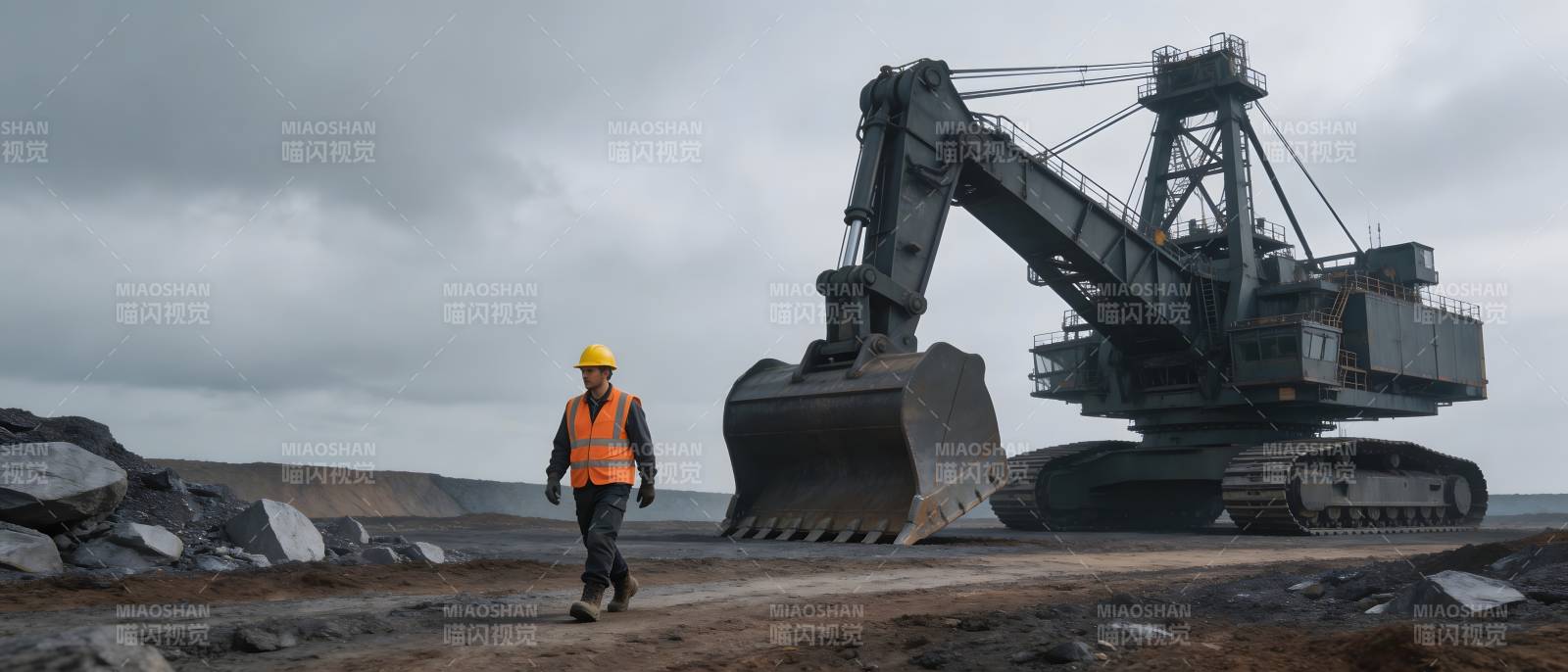 矿工行于巨型挖掘机旁图片