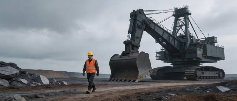 矿工行于巨型挖掘机旁图片