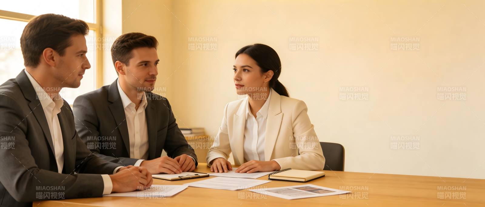 商务洽谈三人会议场景图片