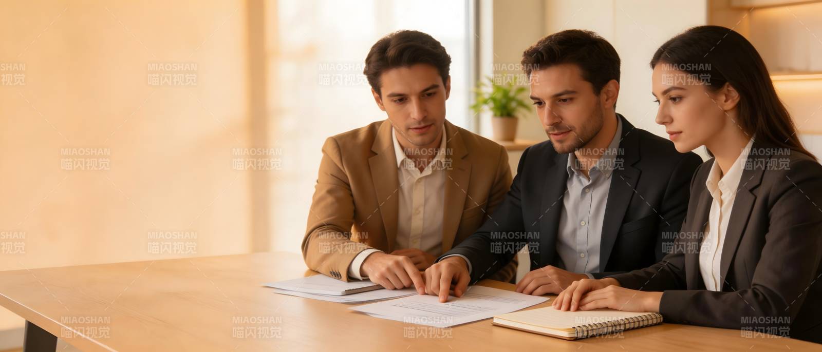 三人共议文件 专注协作中图片