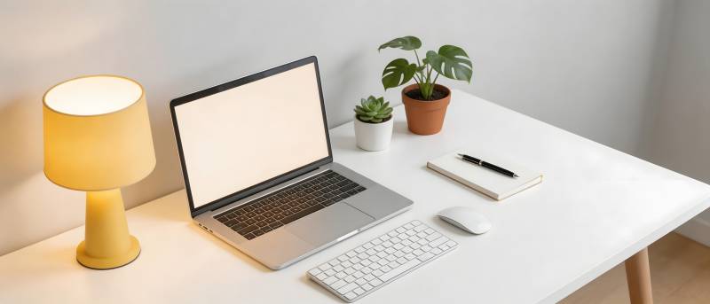 简约书桌配绿植与暖灯图片